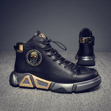 Top Layer Cowhide High-top Shoes Black Leather