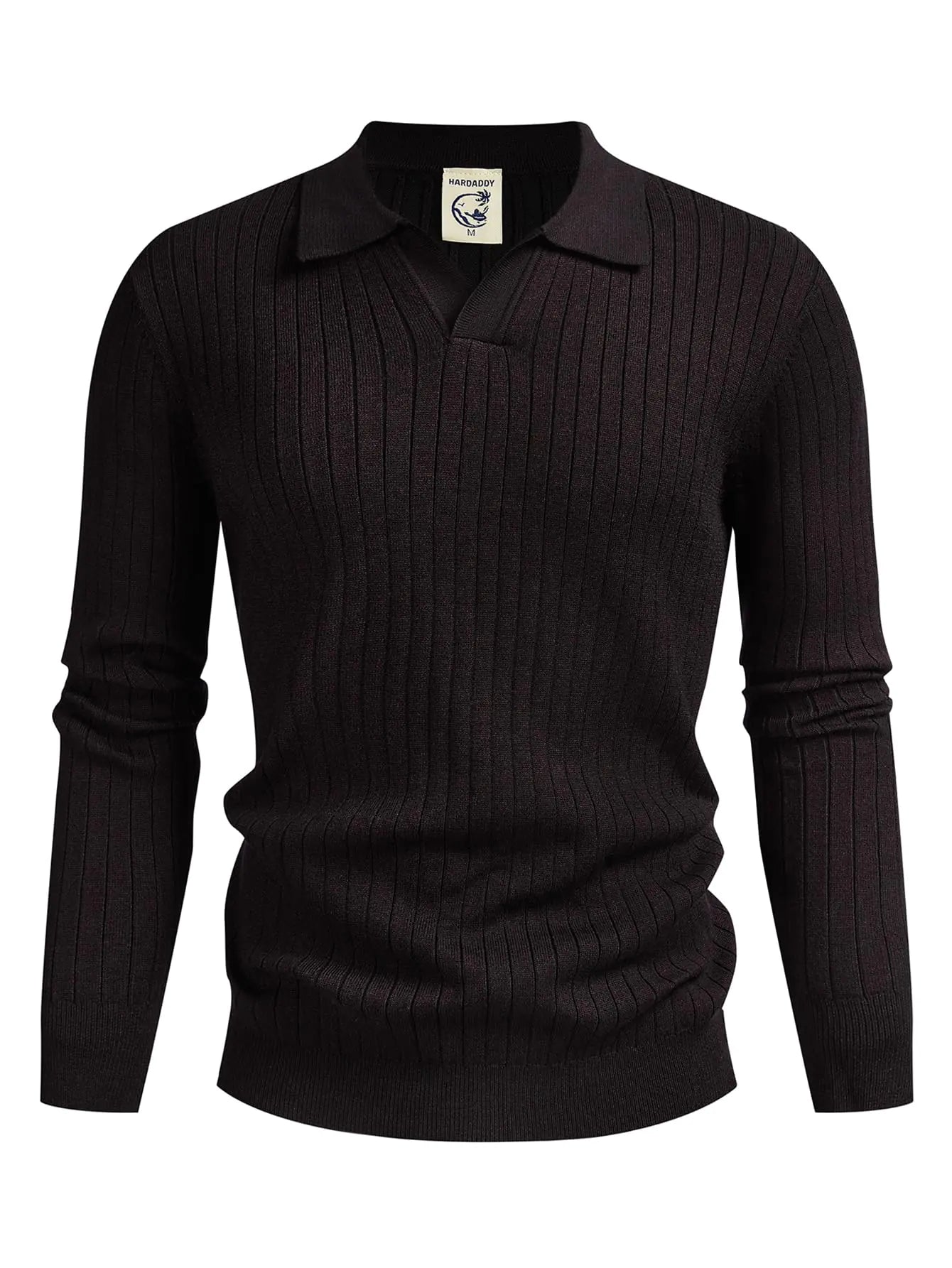 Hardaddy Mens Ribbed Knit Sweater Casual Long Sleeve Polo Sweater Collared V Neck Polo Shirts Solid Pullover Tops Reddish Black L