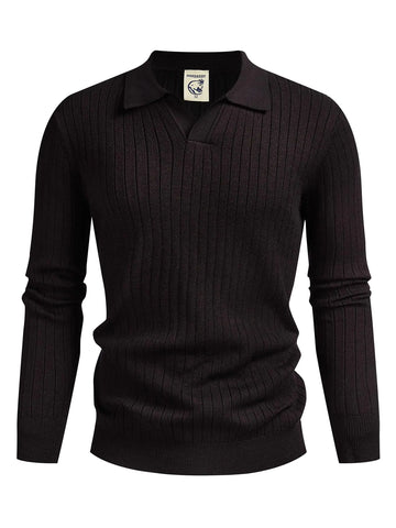 Hardaddy Mens Ribbed Knit Sweater Casual Long Sleeve Polo Sweater Collared V Neck Polo Shirts Solid Pullover Tops Reddish Black L
