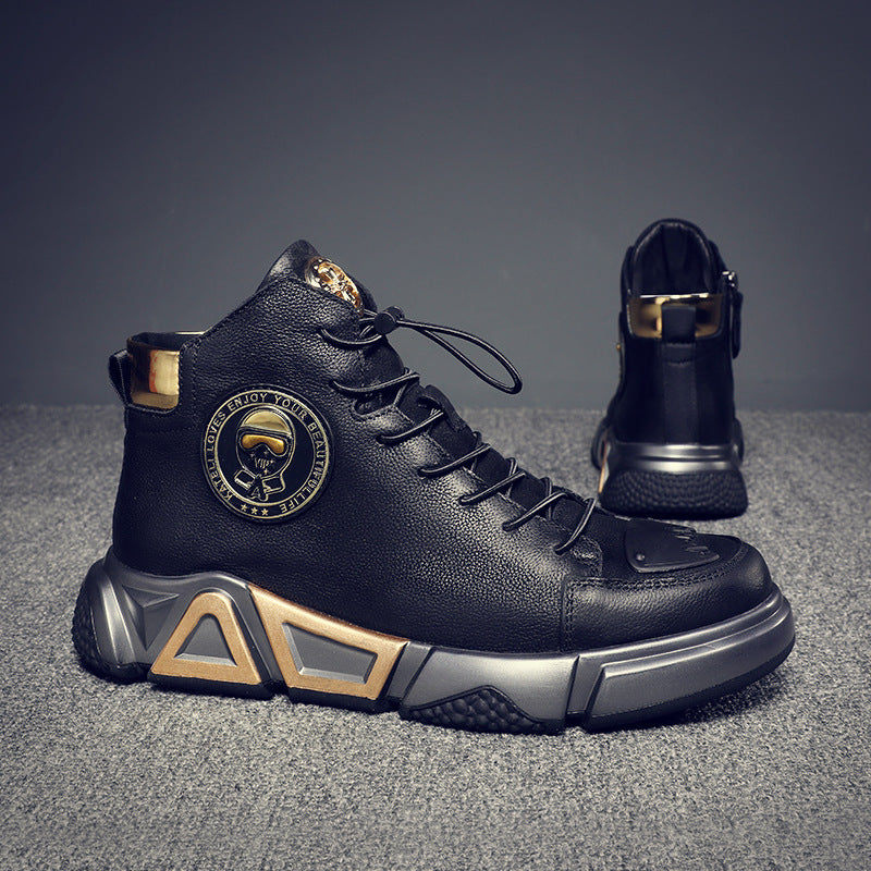 Top Layer Cowhide High-top Shoes Black Leather