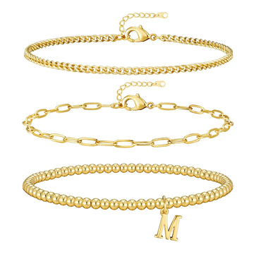 doubgood Gold Bracelets for Women Initial Bracelet Dainty Gold Bracelet Stack Strand Gold Beaded Bracelets with Charm Letter M 14K Gold Plated Bracelet Sets Non Tarnish Jewelry Gifts for Women