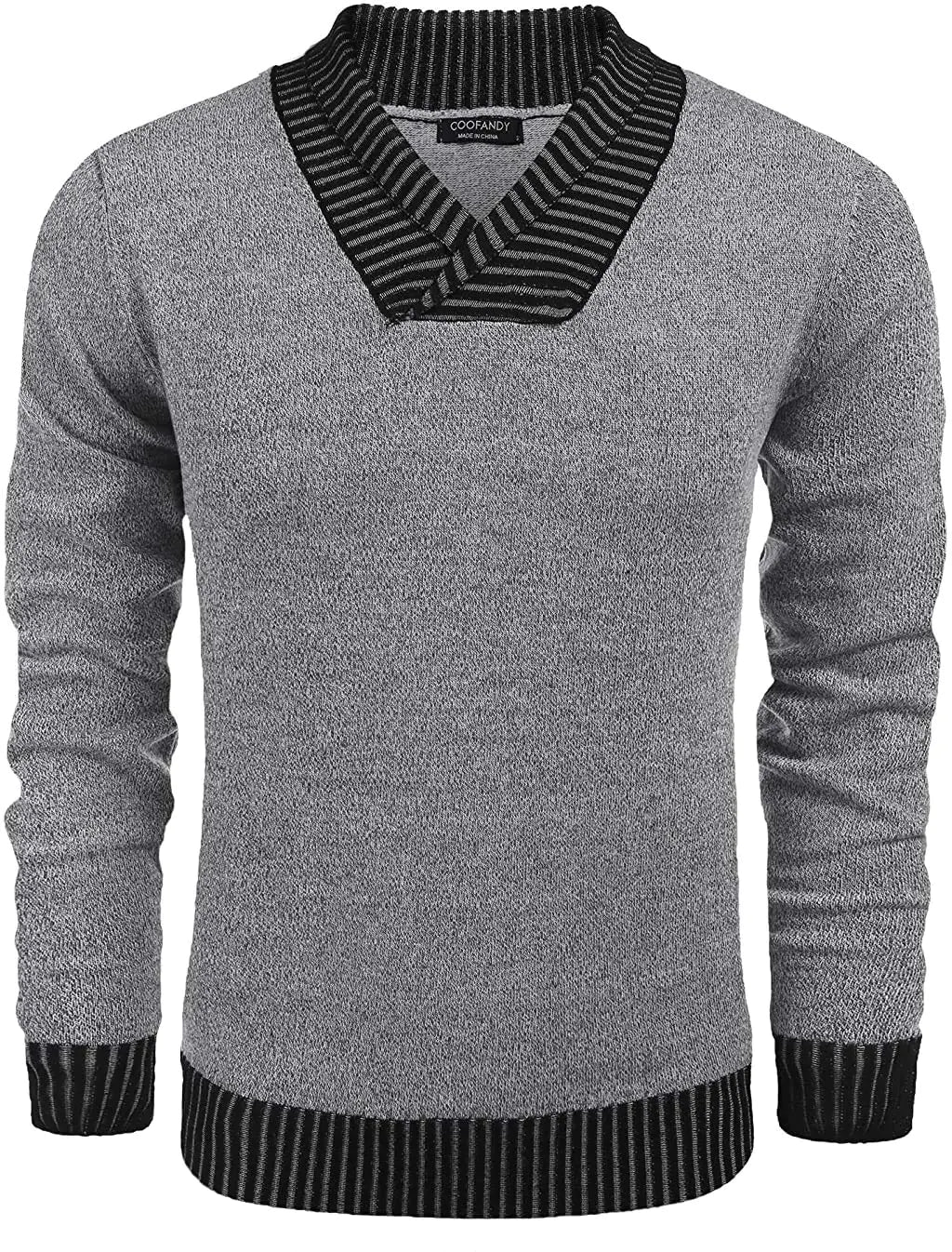 COOFANDY Mens Long Sleeve Shawl Collar Pullover Sweater Lightweight Ribbed V Neck Sweater Grey