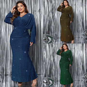 Women's V-neck Long Sleeve Fishtail Evening Dress Plus Size