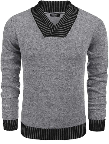 COOFANDY Mens Long Sleeve Shawl Collar Pullover Sweater Lightweight Ribbed V Neck Sweater Grey