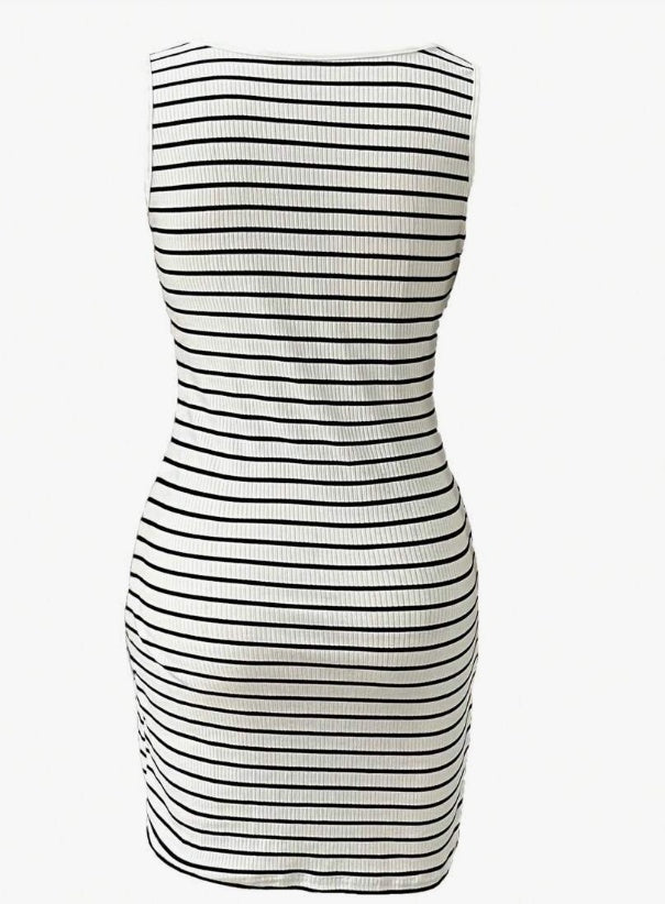 Women Casual Round Neck Keyhole Button Pockets Striped Fitted Knit Tank Dress
